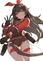 Rule 34 | 1girl, absurdres, amber (genshin impact), bad id, bad twitter id, bow (weapon), brown eyes, brown hair, dampi, genshin impact, gloves, hair ribbon, highres, jacket, jacket on shoulders, long hair, quiver, red ribbon, ribbon, short shorts, shorts, skindentation, smile, solo, thigh gap, thighhighs, thighs, wavy hair, weapon