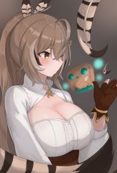 Rule 34 | 1girl, :o, ahoge, alternate breast size, bag, blush, breasts, brown eyes, brown gloves, brown hair, cleavage, clothing cutout, dress shirt, facing to the side, feather hair ornament, feathers, friend (nanashi mumei), from side, gloves, gradient background, hair between eyes, hair ornament, highres, holocouncil, hololive, hololive english, large breasts, long hair, long sleeves, looking at object, nanashi mumei, nose, open hand, paper bag, partially fingerless gloves, ponytail, puckered lips, runes, shirt, skyhood, tsurime, underbust, upper body, very long hair, virtual youtuber, white shirt