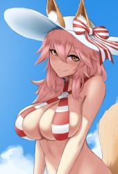 Rule 34 | 1girl, animal ear fluff, animal ears, bikini, blush, bow, breasts, cosplay, criss-cross halter, day, ears through headwear, fate/grand order, fate (series), fox ears, fox girl, fox tail, hair between eyes, halterneck, hat, hat bow, highres, large breasts, long hair, looking at viewer, low twintails, nero claudius (fate), nero claudius (fate) (all), nero claudius (swimsuit caster) (fate), nero claudius (swimsuit caster) (fate) (cosplay), outdoors, pink hair, red bikini, roresu, sky, smile, solo, striped bikini, striped clothes, sun hat, swimsuit, tail, tamamo (fate), tamamo no mae (fate/extra), tamamo no mae (swimsuit lancer) (third ascension) (fate), twintails, upper body, vertical stripes, yellow eyes