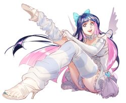 Rule 34 | 1girl, angel wings, bare shoulders, blue bow, blue hair, blue nails, blunt bangs, bow, colored inner hair, dress, elbow gloves, frilled dress, frills, full body, gloves, green eyes, hair bow, hanny (uirusu chan), happy, high heels, highres, long hair, multicolored hair, open mouth, panty &amp; stocking with garterbelt, pink hair, solo, stocking (psg), striped clothes, striped thighhighs, teeth, thighhighs, two-tone hair, upper teeth only, white background, white dress, wings