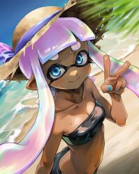 Rule 34 | 1girl, arm at side, beach, blue eyes, blue hair, blue nails, blurry, blurry foreground, blush, breasts, cake, cleavage, closed mouth, collarbone, dark-skinned female, dark skin, day, domino mask, fingernails, fisheye, food, from above, hand up, hat, highres, inkling, inkling girl, inkling player character, janome (jajanome), long hair, looking at viewer, mask, multicolored hair, nail polish, navel, nintendo, ocean, outdoors, purple hair, shorts, small breasts, smile, solo, splatoon (series), stomach, strapless, strawberry shortcake, sweat, tentacle hair, tube top, v, very long hair, water