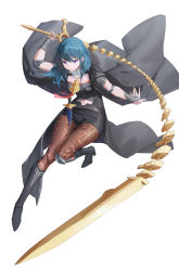 Rule 34 | 1girl, absurdres, arm up, armor, belt, black armor, black belt, black cape, black footwear, black shorts, blue eyes, blue hair, boots, breasts, brown pantyhose, byleth (female) (fire emblem), byleth (fire emblem), cape, chinese commentary, closed mouth, clothing cutout, commentary request, dagger, detached collar, elbow pads, emblem, eyebrows hidden by hair, fire emblem, fire emblem: three houses, full body, gokuhaaa, hair between eyes, high heel boots, high heels, highres, holding, holding sword, holding weapon, knee boots, knee pads, knife, large breasts, long hair, looking at viewer, navel, navel cutout, nintendo, pantyhose, pantyhose under shorts, patterned clothing, sheath, sheathed, short shorts, shorts, sidelocks, simple background, single knee pad, smile, solo, sword, sword of the creator, vambraces, weapon, whip sword, white background