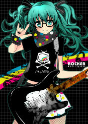Rule 34 | 1girl, \m/, absurdres, alternate costume, aqua eyes, aqua hair, ascot, bespectacled, black nails, bracelet, clothes writing, curly hair, electric guitar, english text, fender stratocaster, fishnets, glasses, guitar, hair ribbon, hatsune miku, highres, instrument, jewelry, killyoh, long hair, nail polish, polka dot, rainbow, ribbon, shirt, skirt, skull and crossbones, smile, solo, t-shirt, twintails, vocaloid, wrist cuffs