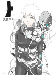 Rule 34 | 1girl, artist name, backpack, bag, blame!, bodysuit, cable, cibo, cowboy shot, cyberpunk, emblem, engineer, grey eyes, highres, machinery, navel, pale skin, science fiction, sketch, solo, standing, tape, vipo, white background, white hair