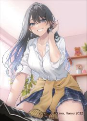 Rule 34 | 1boy, 1girl, arm support, bedroom, beige sweater, black hair, black jacket, blue eyes, blue skirt, bottle, breasts, cleavage, colored tips, commentary, copyright notice, curtains, dangle earrings, dress shirt, earrings, girl on top, grin, gyaru, hair between eyes, hamu (hazama matsu), highres, jacket, jewelry, looking at viewer, lying, miniskirt, mole, mole under eye, multicolored hair, necktie, on back, original, out of frame, plaid, plaid skirt, school uniform, shirt, shirt tucked in, sitting, skirt, sleeves rolled up, smile, stuffed animal, stuffed toy, teddy bear, tied sweater, white shirt, window
