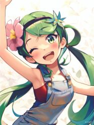 Rule 34 | 1girl, ;d, arm up, blurry, blush, commentary, creatures (company), flower, game freak, green eyes, green hair, headband, highres, long hair, looking at viewer, mallow (pokemon), neaghelly stn, nintendo, one eye closed, open mouth, overalls, pink flower, pokemon, pokemon sm, red shirt, shirt, smile, solo, swept bangs, teeth, twintails, upper teeth only
