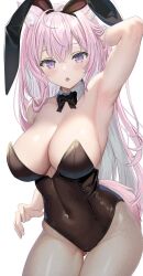 Rule 34 | 1girl, alternate costume, animal ear fluff, animal ears, arm up, armpits, bare arms, bare shoulders, black bow, black bowtie, black leotard, bow, bowtie, breasts, cleavage, collar, commentary request, covered navel, cowboy shot, detached collar, fake animal ears, fingernails, gluteal fold, hakui koyori, highres, hololive, large breasts, leotard, long hair, looking at viewer, nekonosuke, open mouth, pink hair, playboy bunny, purple eyes, rabbit ears, simple background, skindentation, solo, strapless, strapless leotard, virtual youtuber, white background, white collar, wolf ears, wolf girl