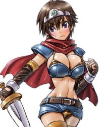 Rule 34 | 1girl, amania orz, armor, bikini armor, breasts, brown hair, cape, circlet, dragon quest, dragon quest iii, elbow gloves, embarrassed, frown, gloves, heroine (dq3), large breasts, miniskirt, roto (dq3), shiny skin, short hair, shoulder pads, skirt, solo, square enix, sword, thighhighs, weapon, white background, zettai ryouiki