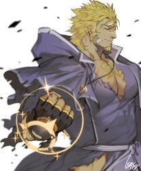 Rule 34 | 1boy, bara, beard, blonde hair, clenched hand, closed eyes, facial hair, gloves, gomtang, jacob (housamo), jewelry, large pectorals, long hair, long sideburns, long sleeves, male focus, manly, muscular, necklace, pectorals, priest, sideburns, simple background, smile, solo, thighs, tokyo houkago summoners