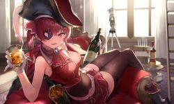 Rule 34 | 1girl, absurdres, alcohol, ascot, bare arms, black hat, bodystocking, book, bottle, breasts, brown thighhighs, commentary, couch, cropped jacket, cup, eyepatch, fang, gloves, hair between eyes, hair ribbon, hat, highres, holding, holding bottle, holding cup, hololive, houshou marine, indoors, jacket, ladder, large breasts, mamong, miniskirt, on couch, open mouth, pirate hat, pleated skirt, red ascot, red eyes, red hair, red jacket, red ribbon, red skirt, ribbon, sitting, skirt, sleeveless, sleeveless jacket, smile, solo, symbol-only commentary, telescope, thighhighs, twintails, virtual youtuber, white gloves
