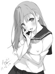 Rule 34 | 1girl, artist name, blush, commentary request, covered erect nipples, dated, fellatio gesture, greyscale, hand up, highres, long hair, long sleeves, looking at viewer, monochrome, original, revision, school uniform, serafuku, sexually suggestive, signature, simple background, sketch, smile, solo, tabata hisayuki, tongue, tongue out, upper body