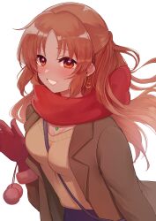 Rule 34 | 1girl, abe nana, absurdres, between breasts, blue skirt, blush, breasts, brown coat, coat, commentary, earrings, fur-trimmed gloves, fur trim, gloves, half updo, highres, idolmaster, idolmaster cinderella girls, jewelry, long hair, looking at viewer, medium breasts, orange hair, pink gloves, red scarf, scarf, simple background, skirt, smile, solo, strap between breasts, very long hair, white background, woruka