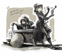 Rule 34 | 2girls, blonde hair, bloodborne, boots, bored, brown hair, chalice, coat, cup, desk, gun, hand on own face, handgun, hat, high heel boots, high heels, holding, hooded, hunter (bloodborne), kmitty, leaning forward, long hair, looking at hand, multiple girls, on desk, pistol, pointing, pointing down, shield, sitting, on desk, sword, table, top hat, trench coat, weapon