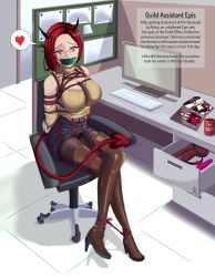 Rule 34 | absurdres, arashiv, arms behind back, bdsm, bondage, boots, bound, breasts, cleavage, crotch rope, crotch rope pull, demon girl, demon horns, demon tail, demon wings, dildo, epis (king&#039;s raid), gag, gagged, glasses, highres, horns, improvised gag, king&#039;s raid, large breasts, looking at viewer, pantyhose, restrained, rope, sex toy, shibari, short hair, sitting, slit pupils, sweater, tail, tape, tape gag, thigh boots, thighhighs, turtleneck, turtleneck sweater, wings
