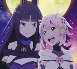 Rule 34 | 2girls, absurdres, album cover, bare shoulders, black hair, blue eyes, collarbone, cover, crescent, crescent hair ornament, crescent necklace, full moon, glance, granbelm, green eyes, hair ornament, highres, hime cut, kohinata mangetsu, long hair, looking at another, low ponytail, moon, multiple girls, necklace, night, night sky, official art, open mouth, pink hair, shingetsu ernesta fukami, short hair, sky, smile, star (sky), star (symbol), star hair ornament, starry sky, text focus, upper body