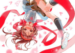Rule 34 | 1girl, adjusting scarf, black socks, blush, bracelet, brown eyes, brown hair, brown skirt, closed mouth, embarrassed, hair between eyes, hairband, hands up, headband, heart, heart-shaped pupils, heart background, jacket, jewelry, leg up, long hair, long sleeves, looking at viewer, matching hair/eyes, nose blush, original, pleated skirt, red hairband, red scarf, ribbon, sakuro, scarf, school uniform, shoes, skirt, socks, solo, symbol-shaped pupils, upside-down, uwabaki, white background