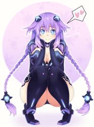 Rule 34 | 1girl, absurdres, ass, black thighhighs, blue eyes, braid, breasts, cleavage cutout, clothing cutout, eriksonix, hair ornament, heart, highres, large breasts, leotard, long hair, neptune (series), purple hair, purple heart (neptunia), solo, squatting, symbol-shaped pupils, thighhighs, thighs