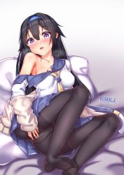 Rule 34 | 1girl, absurdres, artist name, ass, black hair, blush, breasts, breath, collarbone, feet, fingerless gloves, foot up, girls&#039; frontline, gloves, gmkj, hairband, headband, highres, jacket, long hair, long sleeves, looking at viewer, medium breasts, mole, mole under eye, no shoes, off shoulder, open mouth, pantyhose, pillow, purple eyes, reclining, school uniform, sidelocks, skirt, solo, super sass (girls&#039; frontline), sweatdrop, tareme, thighband pantyhose, toes