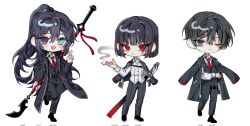 Rule 34 | 1girl, 2boys, 3cnfw, aqua eyes, black coat, black eyes, black hair, black pants, black vest, blue hair, chibi, closed mouth, coat, coat on shoulders, collared shirt, guan dao, half updo, heterochromia, highres, holding, holding polearm, holding weapon, hong lu (project moon), limbus company, long hair, long sleeves, looking at viewer, multiple boys, necktie, one eye closed, open mouth, pants, polearm, project moon, red eyes, red necktie, ryoshu (project moon), shirt, short hair, simple background, smile, v, very long hair, vest, weapon, white background, white shirt, yi sang (project moon)