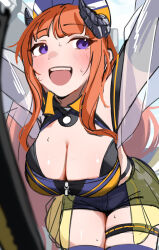 Rule 34 | 1girl, arknights, bagpipe (arknights), bagpipe (queen no. 1) (arknights), blush, breasts, cleavage, commentary request, cowboy shot, ert raitsui, highres, horns, large breasts, leaning forward, long hair, looking to the side, official alternate costume, open mouth, orange hair, purple eyes, race queen, shorts, sidelocks, solo, standing, sweat, teeth, thigh strap, upper teeth only, zipper