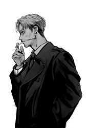 Rule 34 | 1boy, absurdres, chainsaw man, cigarette, coat, collared shirt, earrings, facial hair, greyscale, hand in pocket, hand up, highres, jewelry, kishibe (chainsaw man), long sleeves, looking away, male focus, monochrome, mouth hold, n9c4z, necktie, profile, scar, scar on face, shirt, short hair, simple background, smoking, solo, stitches, stubble, undercut
