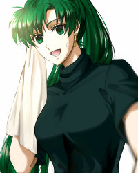 Rule 34 | 1girl, :d, black shirt, delsaber, earrings, fire emblem, fire emblem: the blazing blade, floating hair, green eyes, green hair, holding, holding towel, jewelry, long hair, looking at viewer, lyn (fire emblem), nintendo, open mouth, shirt, short sleeves, simple background, smile, solo, sweatdrop, towel, very long hair, white background