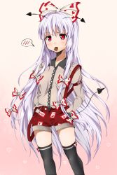 Rule 34 | 1girl, alternate costume, black thighhighs, bow, chocolate, female focus, fujiwara no mokou, gradient background, hair bow, hair ribbon, hands in pocket, heart, highres, juliet sleeves, long hair, long sleeves, looking at viewer, motiking, mouth hold, pink background, puffy sleeves, red eyes, ribbon, shirt, shorts, silver hair, solo, spoken blush, strap slip, suspenders, thighhighs, touhou, tress ribbon, valentine, very long hair