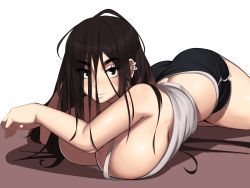 Rule 34 | 1girl, absurdres, ass, black shorts, borrowed character, breasts, brown eyes, brown hair, cleavage, commentary, ear piercing, english commentary, highres, huge breasts, kevbot, long hair, looking at viewer, lying, messy hair, natalya (roresu), no bra, on ground, on stomach, original, piercing, short shorts, shorts, solo, tank top, thick thighs, thighs, white background
