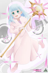 Rule 34 | 1girl, :d, absurdres, belle (dungeon people), blue hair, blush, dated, dungeon people, green eyes, grey hair, highres, holding, holding staff, light blue hair, open mouth, pink footwear, pink robe, robe, smile, sparkle, staff, standing, usamorat0922, zoom layer