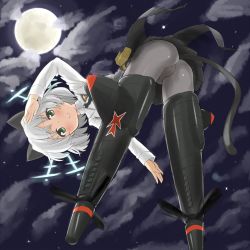 Rule 34 | 1girl, animal ears, ass, bad id, bad pixiv id, bad proportions, bent over, black pantyhose, blush, cameltoe, cat ears, cat tail, cloud, crotch seam, dust box, full moon, green eyes, hirschgeweih antennas, leaning forward, moon, necktie, night, pantyhose, salute, sanya v. litvyak, silver hair, skirt, smile, solo, star (sky), strike witches, striker unit, tail, world witches series