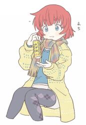Rule 34 | 1girl, anzai miyako, black pantyhose, blue eyes, blue sweater, brown shorts, can, canned coffee, cardigan, checkered clothes, checkered scarf, commentary request, drink can, holding, holding can, idolmaster, idolmaster cinderella girls, invisible chair, long sleeves, looking at another, pantyhose, parted lips, print pantyhose, red hair, sault93726525, scarf, short hair, shorts, sidelocks, sitting, solo, sweater, thick eyebrows, v-shaped eyebrows, white background, yellow cardigan
