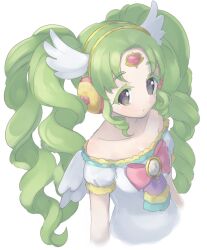 Rule 34 | 1girl, bad id, bad twitter id, bare shoulders, bow, closed mouth, colored eyelashes, commentary request, falulu, falulu (awakened), forehead jewel, green hair, grey eyes, headphones, idol clothes, inactive account, long hair, looking at viewer, parted bangs, pink bow, pretty series, pripara, shiyurinpu, sidelocks, simple background, solo, twintails, upper body, white background, wing hair ornament