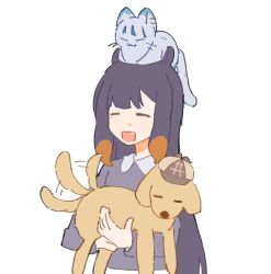 1girl :3 :d =_= afterimage animal animal_on_head animalization brown_hat canvas0911 cat cat_on_head closed_eyes collared_shirt commentary cropped_torso deerstalker dog fang flat_color floppy_ears gawr_gura hashtag-only_commentary hat holding holding_animal holding_dog hololive hololive_english long_sleeves mole mole_under_eye multicolored_hair ninomae_ina&#039;nis on_head open_mouth orange_hair purple_hair purple_shirt shirt sidelocks simple_background smile tail tail_wagging tentacle_hair two-tone_hair virtual_youtuber watson_amelia white_background