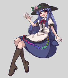 Rule 34 | 1girl, black hat, blue hair, blue skirt, boots, brown footwear, grey background, hair between eyes, hat, highres, hinanawi tenshi, invisible chair, knee boots, long hair, looking at viewer, red eyes, red neckwear, renshirenji, shirt, short sleeves, sitting, skirt, solo, touhou, white shirt