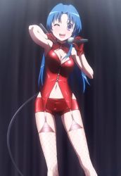 Rule 34 | 00s, 1girl, blue eyes, blue hair, breasts, cleavage, fishnet thighhighs, fishnets, highres, kawashima ami, matching hair/eyes, microphone, screencap, short shorts, shorts, solo, stitched, thighhighs, third-party edit, toradora!, whip