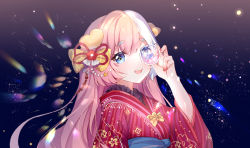 Rule 34 | 1girl, black background, blue eyes, bow, breasts, dress, gou lianlian dogface, hair bow, hair ornament, hand up, highres, holding, japanese clothes, kimono, long hair, looking at viewer, multicolored hair, open mouth, original, pink hair, red dress, sidelocks, small breasts, sparkling eyes, symbol-shaped pupils, teeth, thick eyebrows, upper teeth only, white hair, yellow bow