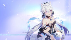 Rule 34 | 1girl, :d, animal ear fluff, animal ears, bare shoulders, black bow, black dress, black skirt, bow, breasts, cat ears, character name, cleavage, collarbone, detached sleeves, dress, fish, frills, grey hair, hair between eyes, hair bow, hair ornament, highres, holding, honkai (series), honkai impact 3rd, kiana kaslana, kiana kaslana (herrscher of finality), long hair, looking at viewer, low twintails, medium breasts, multicolored hair, navel, official alternate costume, official art, official wallpaper, open mouth, purple eyes, skirt, smile, solo, twintails, very long hair, white hair