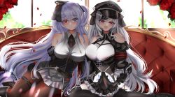Rule 34 | 2girls, :d, absurdres, armband, azur lane, bare shoulders, black corset, black dress, black gloves, black hair, black headwear, black ribbon, black thighhighs, blue eyes, blush, breasts, brown pantyhose, clothing cutout, collared shirt, corset, couch, cross, day, dress, elbe (azur lane), elbing (azur lane), flower, frilled dress, frills, gloves, hair ribbon, hat, heterochromia, highres, indoors, iron cross, large breasts, layered dress, leotard, light purple hair, long hair, looking at viewer, multicolored hair, multiple girls, necktie, open mouth, pantyhose, peaked cap, purple eyes, red armband, red eyes, red flower, red rose, rei tuki, ribbon, rose, shirt, short dress, short necktie, shoulder cutout, smile, streaked hair, thigh strap, thighhighs, two-tone hair, very long hair, white hair, white leotard, white shirt
