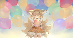Rule 34 | 1girl, ^ ^, absurdres, animal ears, arknights, balloon, black collar, blonde hair, blue sky, braid, closed eyes, collar, cowboy shot, dress, fox ears, fox girl, fox tail, hairband, happy, highres, holding, holding balloon, infection monitor (arknights), kitsune, kyuubi, long hair, multiple tails, open mouth, orange dress, orange hairband, outdoors, shio (shiofeifei), short sleeves, sky, smile, solo, straight-on, suzuran (arknights), suzuran (let&#039;s carnival!) (arknights), tail, thighhighs, white thighhighs