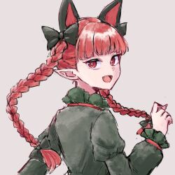 Rule 34 | 1girl, animal ears, braid, cat ears, dress, extra ears, fang, fingernails, green dress, grey background, highres, himari ra, kaenbyou rin, long hair, long sleeves, open mouth, pointy ears, red eyes, red hair, simple background, smile, solo, touhou, twin braids, upper body