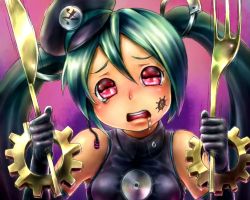 Rule 34 | 1girl, 310123, elbow gloves, face, fork, gears, gloves, green hair, hat, hatsune miku, head tilt, headset, knife, open mouth, project diva, project diva (series), project diva f, red eyes, sadistic music factory (vocaloid), saliva, solo, tears, twintails, vocaloid