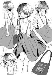 Rule 34 | 1girl, bag, clenched hands, commentary request, cowboy shot, deco (geigeki honey), closed eyes, greyscale, highres, kantai collection, looking at viewer, miyuki (kancolle), monochrome, multiple views, open mouth, overall skirt, shirt, short hair, t-shirt, wavy hair