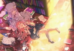 Rule 34 | 2girls, actinoid, bat wings, black socks, blurry, book, book stack, bookshelf, bow, broken, capelet, crescent, dress, full body, hair bow, hair ornament, hat, head wings, holding hands, kneehighs, koakuma, long hair, long sleeves, looking at another, lying, mob cap, multiple girls, necktie, on back, on floor, one eye closed, open book, open mouth, patchouli knowledge, pink eyes, puffy sleeves, purple hair, red eyes, red hair, shirt, shoes, single shoe, sitting, skirt, skirt set, smile, socks, striped clothes, striped dress, sunlight, touhou, vest, wings