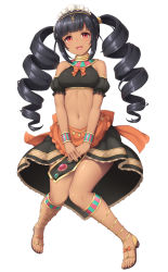 Rule 34 | 1girl, :d, black hair, black skirt, blunt bangs, bracelet, crop top, dark-skinned female, dark skin, detached sleeves, drill hair, feet, full body, gladiator sandals, highres, jewelry, knees together feet apart, long hair, looking at viewer, maid, maid headdress, navel, open mouth, original, own hands together, puffy short sleeves, puffy sleeves, red eyes, sandals, sasaame, short sleeves, simple background, skirt, smile, solo, toes, twin drills, usekh collar, v arms, white background