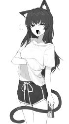 Rule 34 | 1girl, absurdres, animal ear fluff, animal ears, bad id, bad twitter id, black shorts, breasts, can, cat ears, cat girl, cat tail, clothes lift, collarbone, crowcrycaw, dolphin shorts, fangs, greyscale, half-closed eyes, highres, holding, holding can, long hair, medium breasts, monochrome, navel, one eye closed, original, red bull, scratching, shirt, shirt lift, short sleeves, shorts, simple background, solo, standing, tail, tearing up, waking up, white background, white shirt, yawning