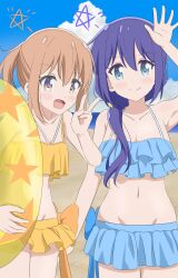 2girls arm_up armpits bare_shoulders beach bikini blue_hair blush closed_mouth cloud collarbone day dot_nose female_focus frilled_bikini frills highres inflatable_toy koisuru_asteroid konohata_mira legs long_hair looking_at_viewer manaka_ao medium_hair multicolored_eyes multiple_girls navel open_mouth orange_hair qb_(qb46311027) sandals sky smile standing star_(symbol) swimsuit v