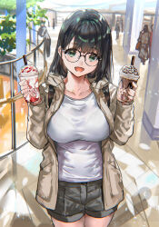 Rule 34 | 1girl, :d, black-framed eyewear, black hair, bra visible through clothes, brown jacket, cowboy shot, cup, disposable cup, extra, glasses, green eyes, grey shorts, highres, holding, holding cup, jacket, long hair, looking at viewer, open mouth, original, ran&#039;ou (tamago no kimi), see-through, shirt, shorts, smile, solo, white shirt