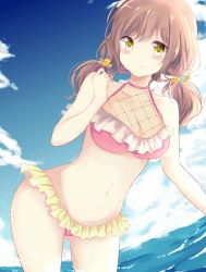 Rule 34 | 1girl, alternate hairstyle, bang dream!, bikini, blush, brown hair, clenched hand, commentary request, day, flower, frilled bikini, frills, hair flower, hair ornament, hand up, highres, imai lisa, long hair, looking at viewer, navel, outdoors, pink bikini, rita 0604, smile, solo, stomach, swimsuit, twintails, water, yellow eyes