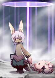 Rule 34 | 2girls, animal ears, creature, furry, holding hands, highres, made in abyss, mitty (made in abyss), multiple girls, nanachi (made in abyss), red eyes, short hair, spoilers, topless, uchuu ika, whiskers, white hair, yellow eyes