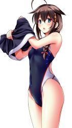 Rule 34 | 1girl, artist name, black one-piece swimsuit, black shirt, blouse, blue eyes, brown hair, collarbone, competition swimsuit, covered navel, cowboy shot, dated, flat chest, hair between eyes, hair flaps, hair ornament, hair over shoulder, hairclip, highres, kantai collection, long hair, looking at viewer, one-piece swimsuit, open mouth, ribbon, shigure (kancolle), shigure kai ni (kancolle), shirt, simple background, smile, solo, standing, swimsuit, tsuchimiya, undressing, white background